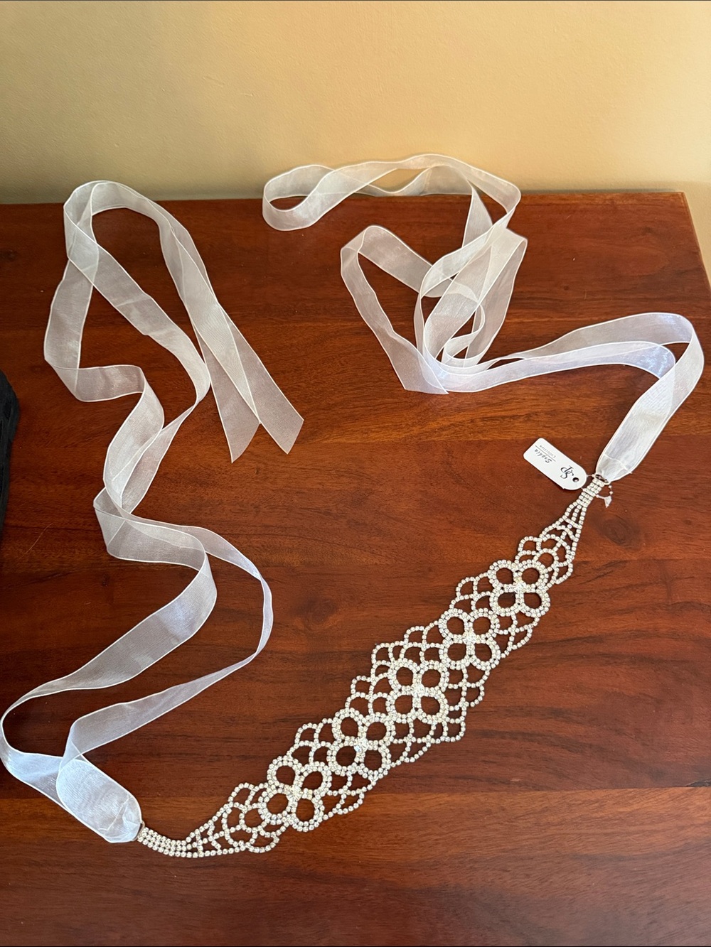 Rhinestone Crystal Bridal Sash Belt with Sheer White Ribbon